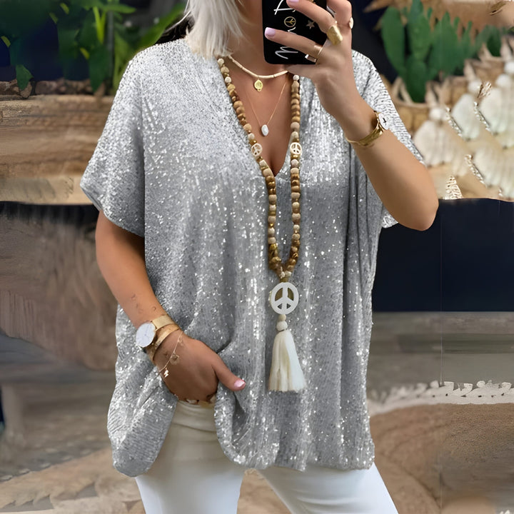 Women’s T-Shirt | V-Neck Sequin Detail | Loose-Fit Urban Summer Top