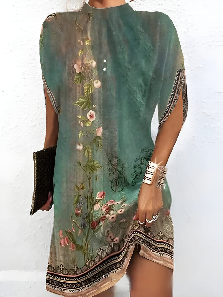 Women’s Loose Mini Dress | Batwing Sleeves & Floral Print | Round Neckline | Polyester