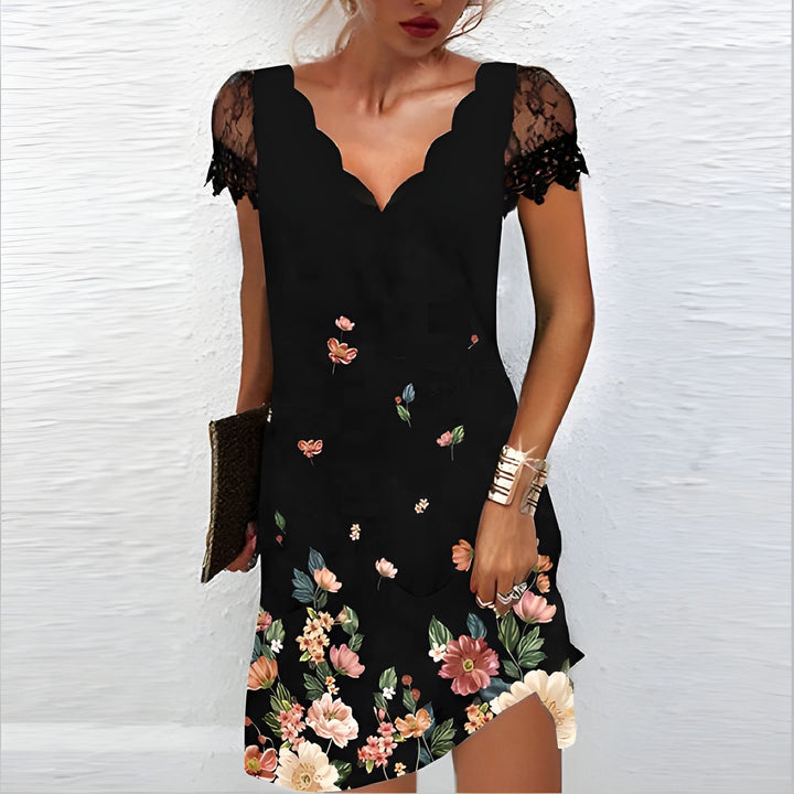 Women's V-Neck Dress | Lace Print & Wave Pattern | Short Sleeve Knee-Length | Polyester