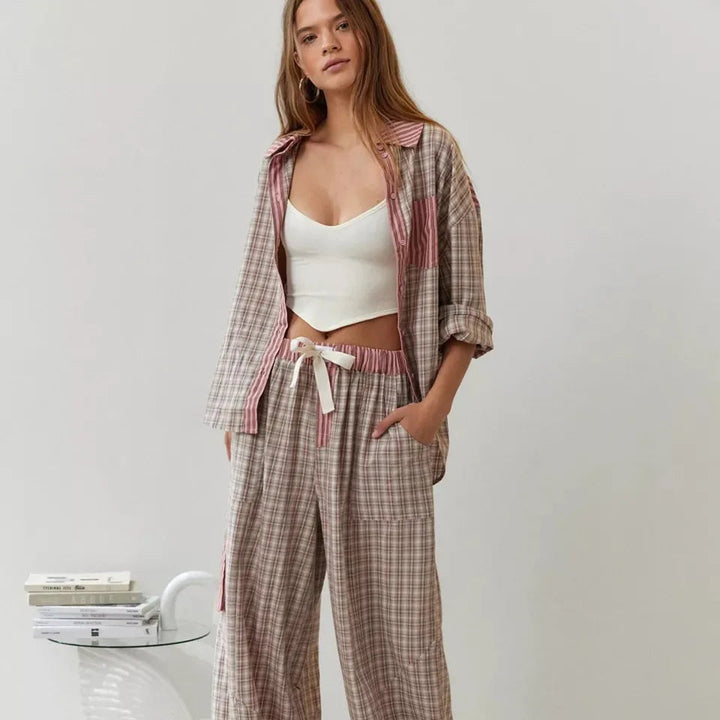 Pyjamas Set | Soft Plaid Patchwork Design | Relaxed Womens Clothing
