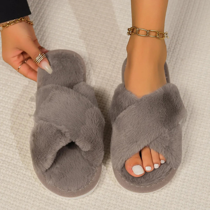 Women’s Fluffy Slippers | Plush Indoor Shoes | Soft Cross-Strap Design