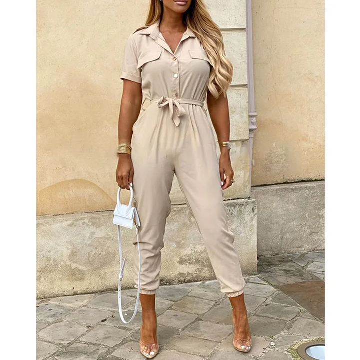 Women's Jumpsuit | Short Sleeve with Lapel | Printed Belt & Elegant Fit | Polyester