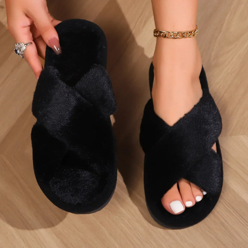 Women’s Fluffy Slippers | Plush Indoor Shoes | Soft Cross-Strap Design