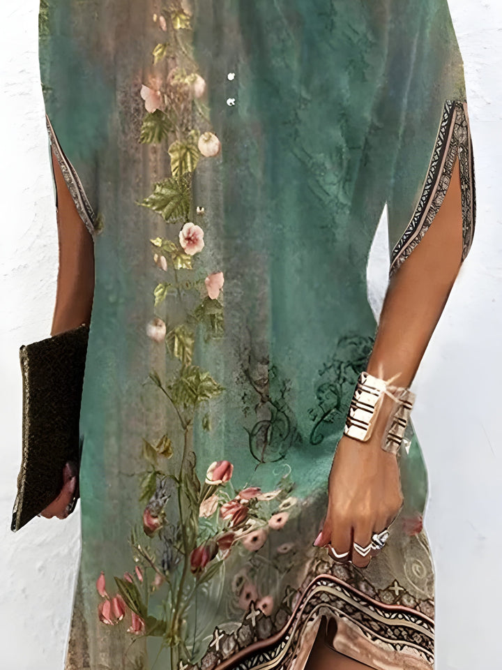 Women’s Loose Mini Dress | Batwing Sleeves & Floral Print | Round Neckline | Polyester