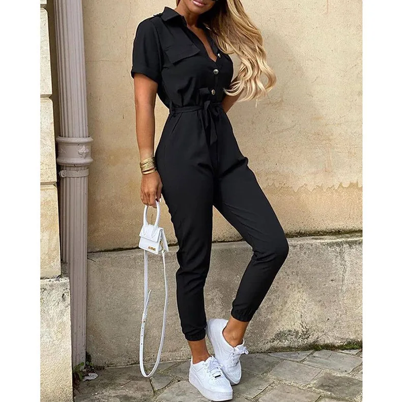 Women's Jumpsuit | Short Sleeve with Lapel | Printed Belt & Elegant Fit | Polyester