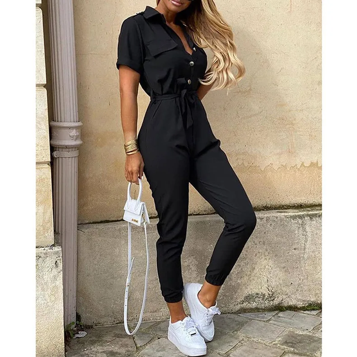 Women's Jumpsuit | Short Sleeve with Lapel | Printed Belt & Elegant Fit | Polyester