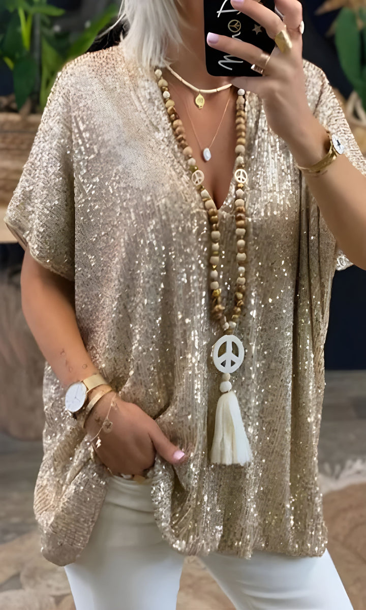 Women’s T-Shirt | V-Neck Sequin Detail | Loose-Fit Urban Summer Top
