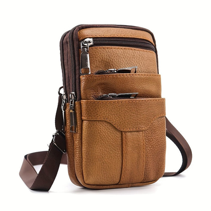 Men’s Waist Bag | Genuine Cowhide Leather | With Phone Holder & Multiple Zip Pockets