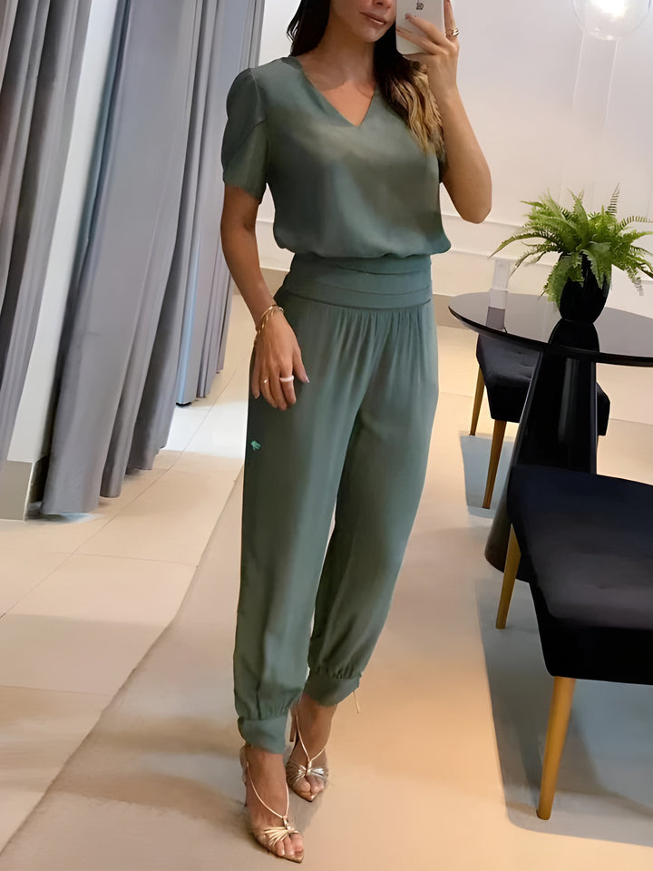 Women's Two-Piece Set | V-Neck Printed Top & Trousers | Casual Summer Outfit | Polyester