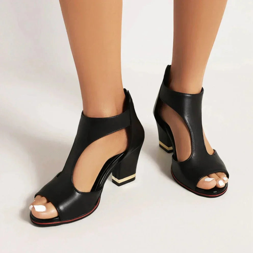 Women's Sandals | Chunky High Heel Open Toe | Zip-Up Party Shoes | PU & EVA