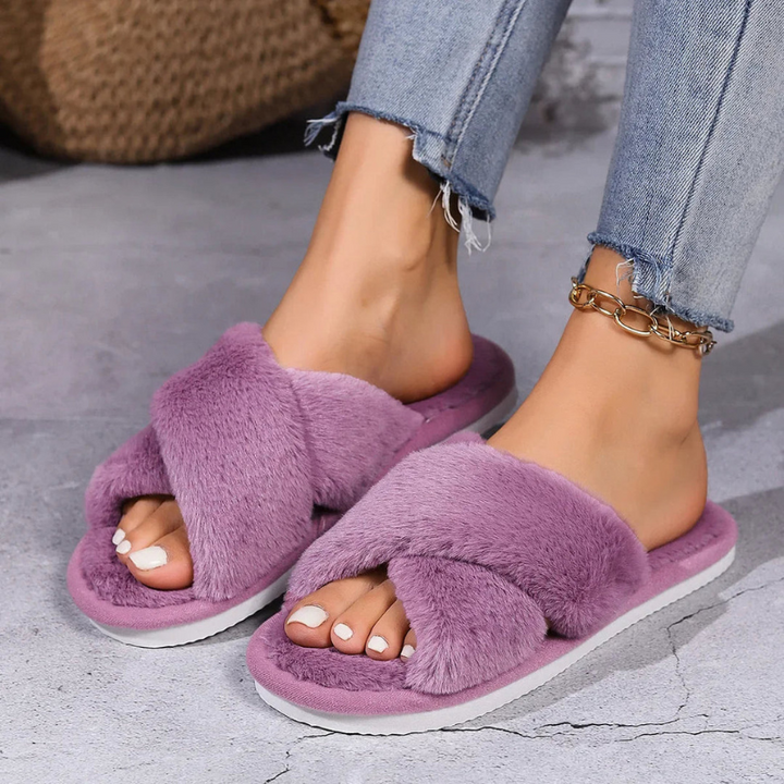 Women’s Fluffy Slippers | Plush Indoor Shoes | Soft Cross-Strap Design