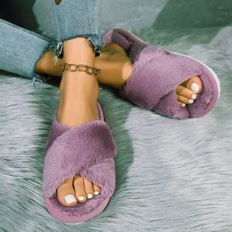 Women’s Fluffy Slippers | Plush Indoor Shoes | Soft Cross-Strap Design
