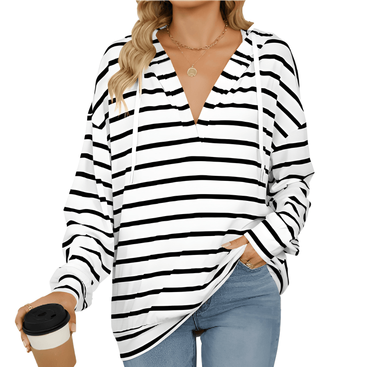 Women’s Jumper | Hooded V-Neck Sweater | Striped Casual Top