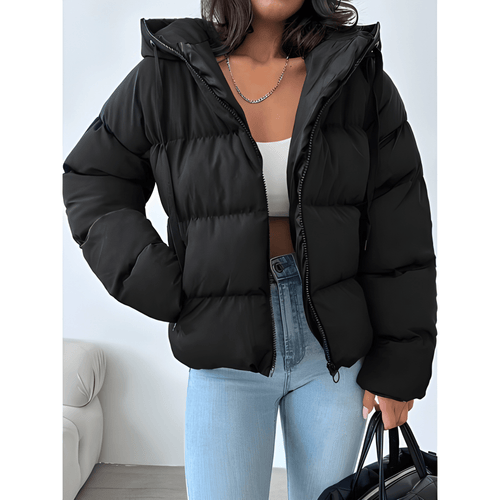 Fluffy Jacket Womens | Black Hooded Jacket | Warm Zip Winter Coat