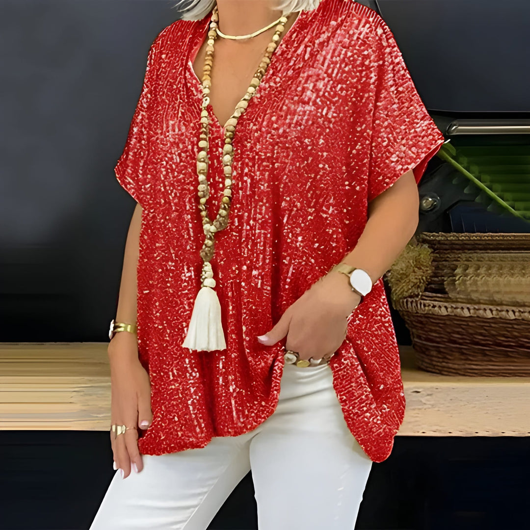 Women’s T-Shirt | V-Neck Sequin Detail | Loose-Fit Urban Summer Top