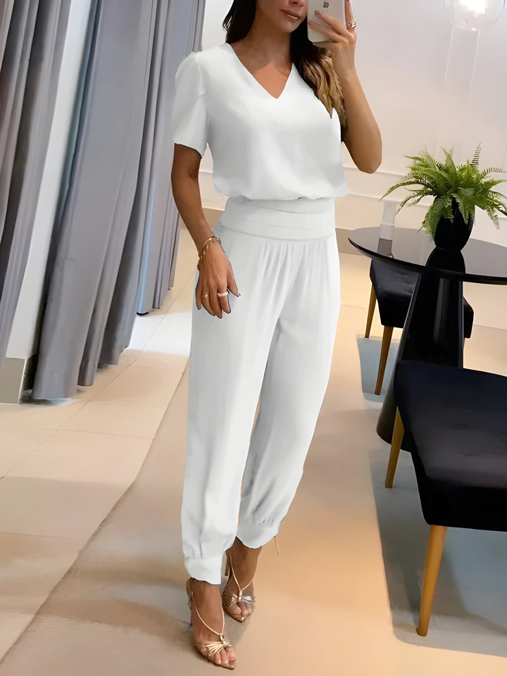 Women's Two-Piece Set | V-Neck Printed Top & Trousers | Casual Summer Outfit | Polyester