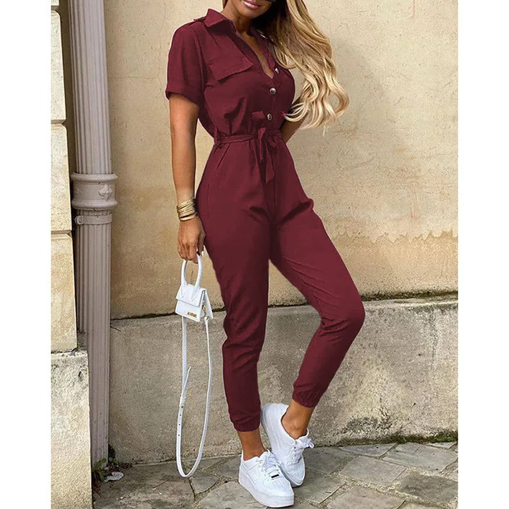 Women's Jumpsuit | Short Sleeve with Lapel | Printed Belt & Elegant Fit | Polyester