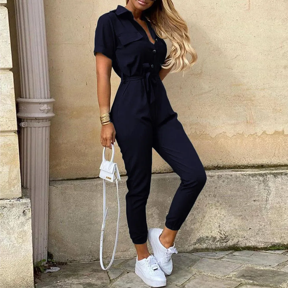Women's Jumpsuit | Short Sleeve with Lapel | Printed Belt & Elegant Fit | Polyester