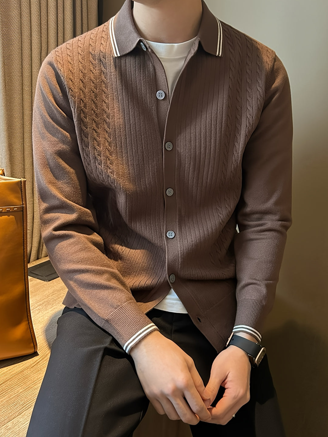 Men’s Sweater | Cable Knit & Lightweight | With Buttons & Casual Collar | Autumn & Winter