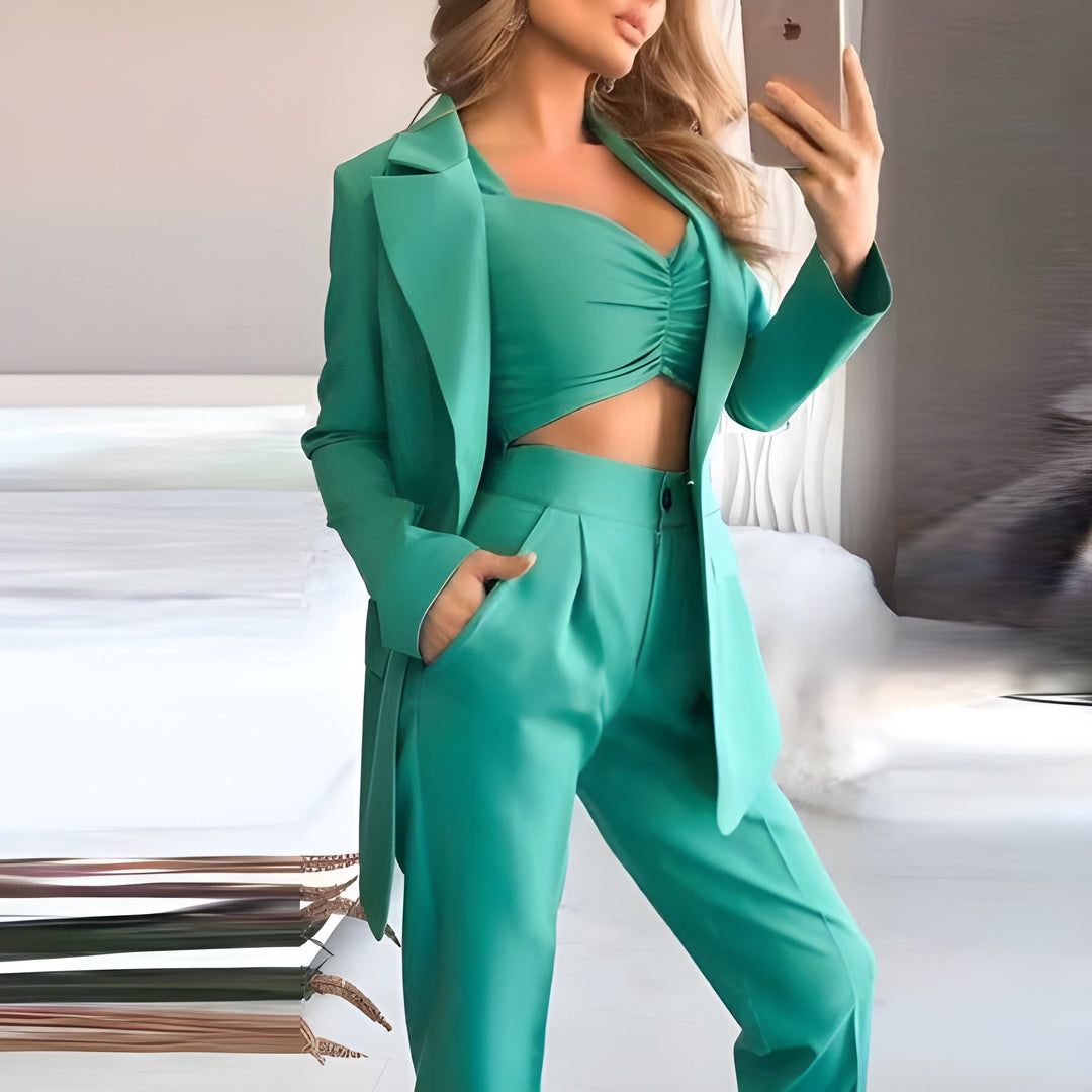 Women’s 3-Piece Blazer Set | High-Waist Trousers, Top & Jacket | Polyester Blend