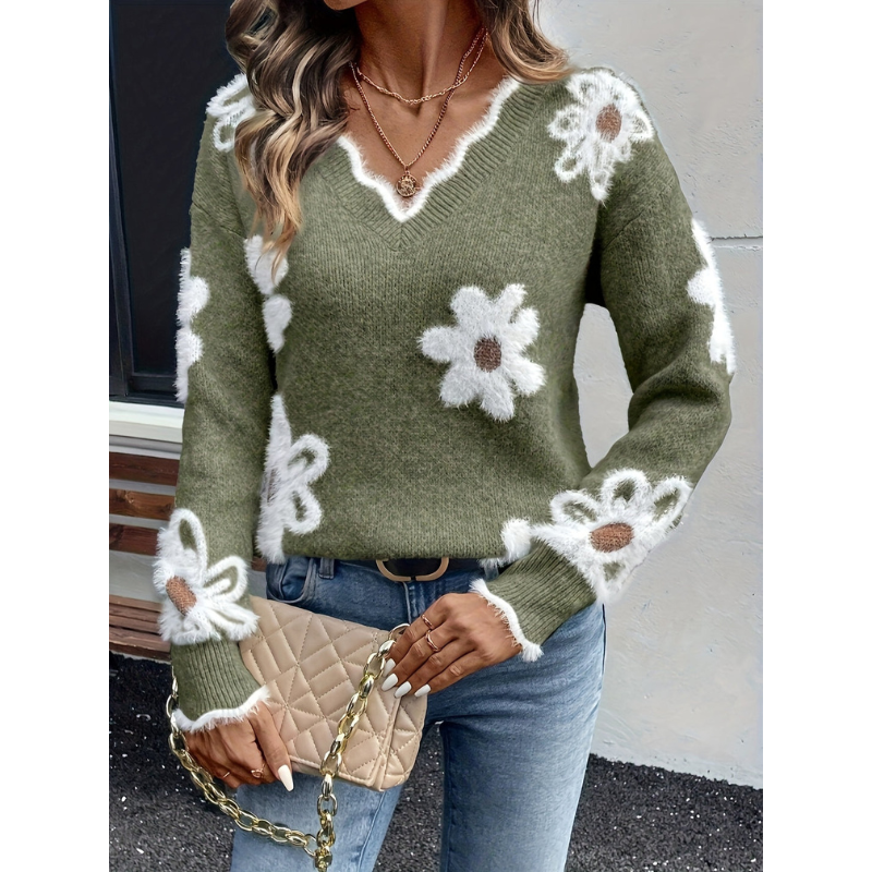 Women’s Jumper | Floral Knit | Ribbed Cuffs Clothing