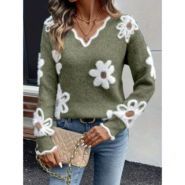 Women’s Jumper | Floral Knit | Ribbed Cuffs Clothing