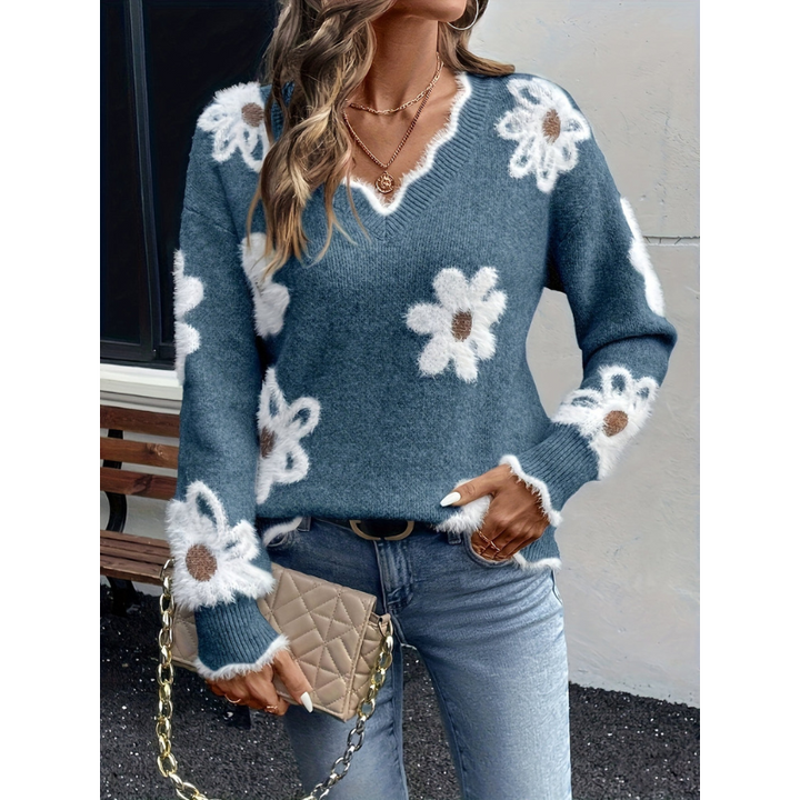 Women’s Jumper | Floral Knit | Ribbed Cuffs Clothing