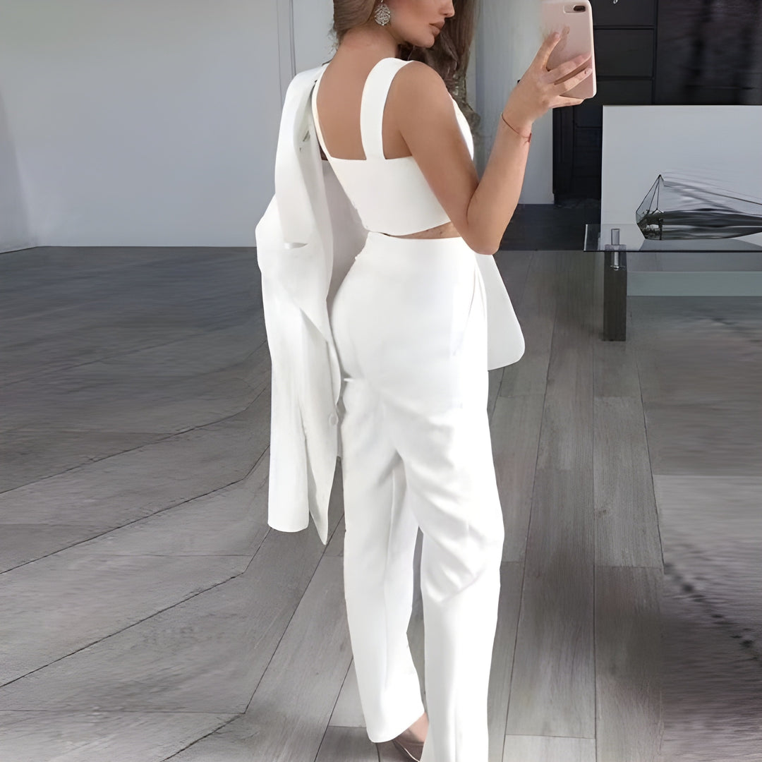Women’s 3-Piece Blazer Set | High-Waist Trousers, Top & Jacket | Polyester Blend