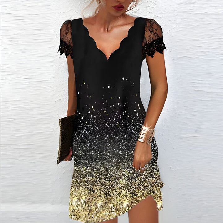 Women's V-Neck Dress | Lace Print & Wave Pattern | Short Sleeve Knee-Length | Polyester