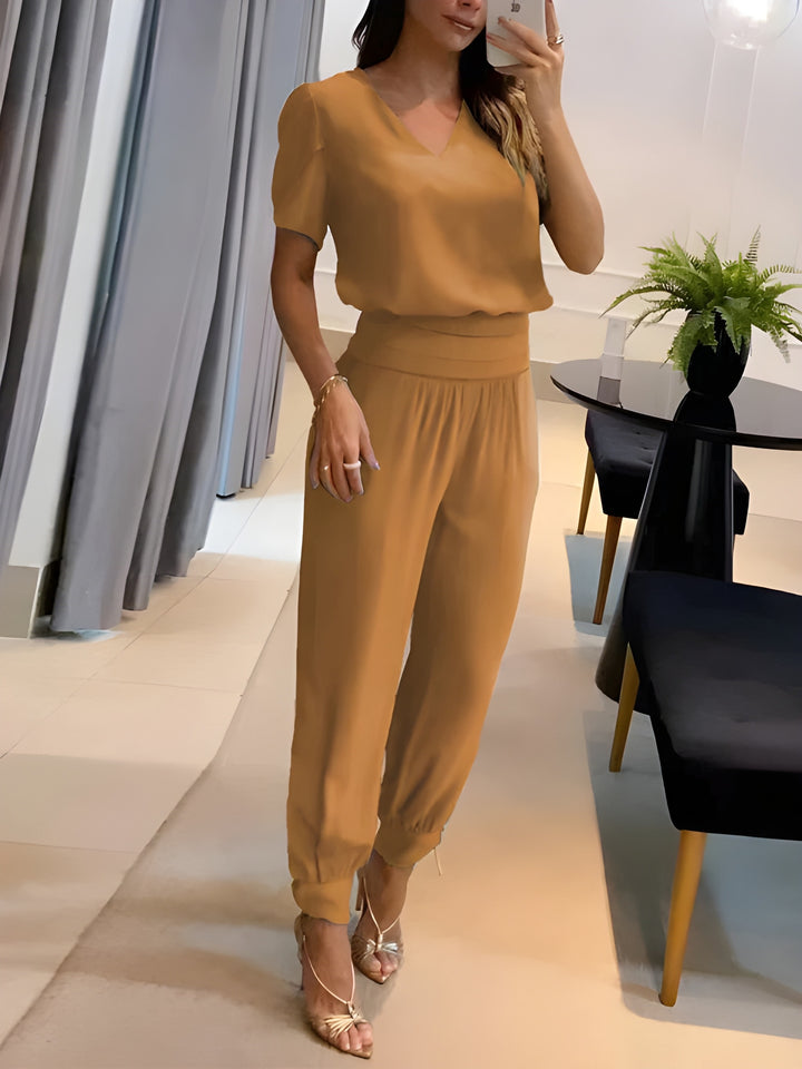 Women's Two-Piece Set | V-Neck Printed Top & Trousers | Casual Summer Outfit | Polyester