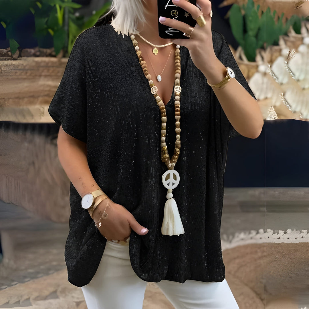 Women’s T-Shirt | V-Neck Sequin Detail | Loose-Fit Urban Summer Top