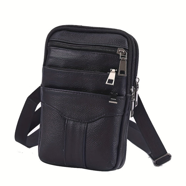 Men’s Waist Bag | Genuine Cowhide Leather | With Phone Holder & Multiple Zip Pockets