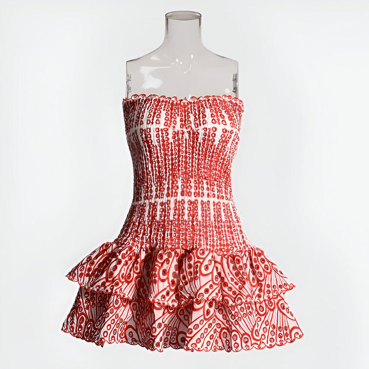 Women’s Mini Dress | Boho & Summery | Strapless with Ruffle | Embroidered Flowers