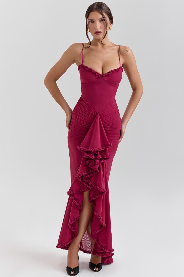 Women Maxi Dress | Spaghetti Straps & Ruffle Details | Sheer Layers | Wedding & Party