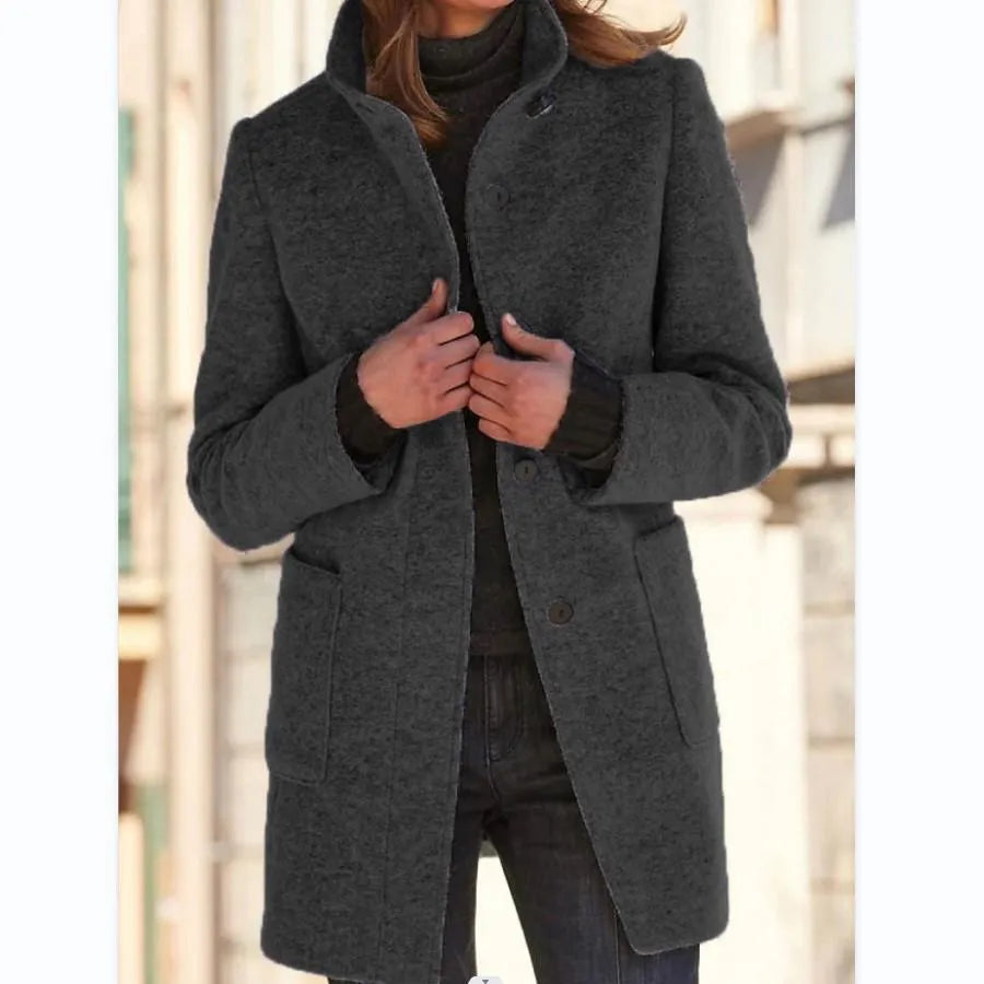 Women’s Coat | Retro Commuter Style | Stand Collar & Pockets | Polyester