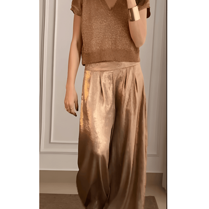 Women's Trousers | High Waist Wide Leg | Metallic Look & Comfortable Fit | Polyester