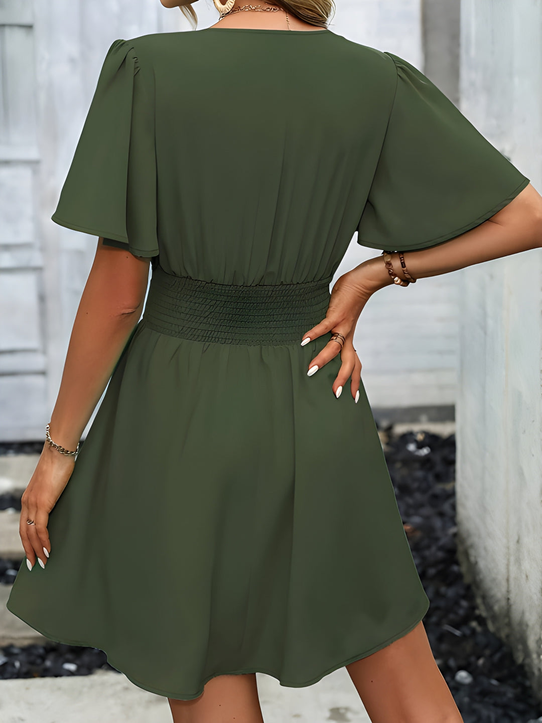 Women's Tunic Dress | Deep V-Neck | Folded Sleeves & Pure Colour | Polyester