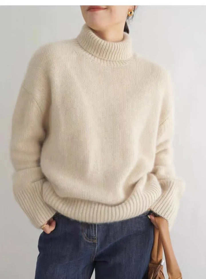 Knitted Jumper for Autumn | High Neck & Long Sleeve Model | Loose Knit Jumper | Solid Colour Design