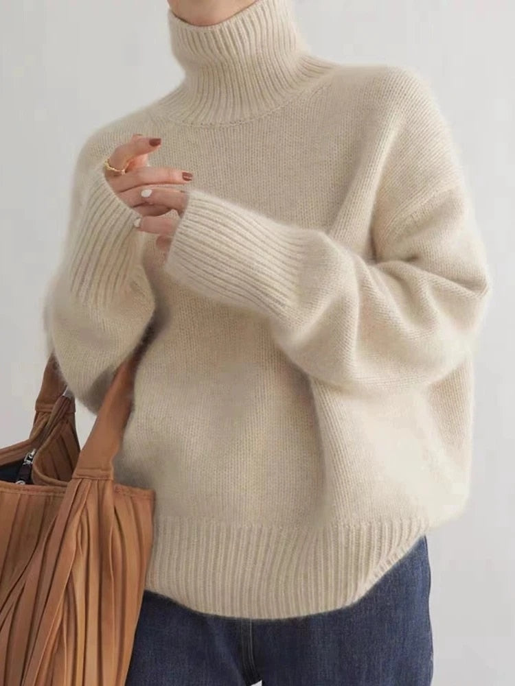Knitted Jumper for Autumn | High Neck & Long Sleeve Model | Loose Knit Jumper | Solid Colour Design