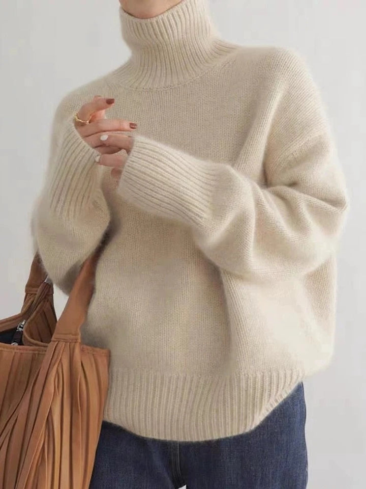 Knitted Jumper for Autumn | High Neck & Long Sleeve Model | Loose Knit Jumper | Solid Colour Design