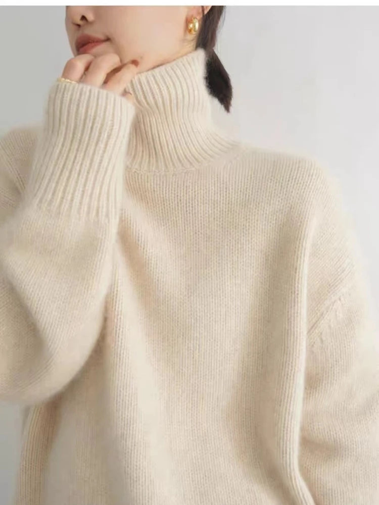Knitted Jumper for Autumn | High Neck & Long Sleeve Model | Loose Knit Jumper | Solid Colour Design