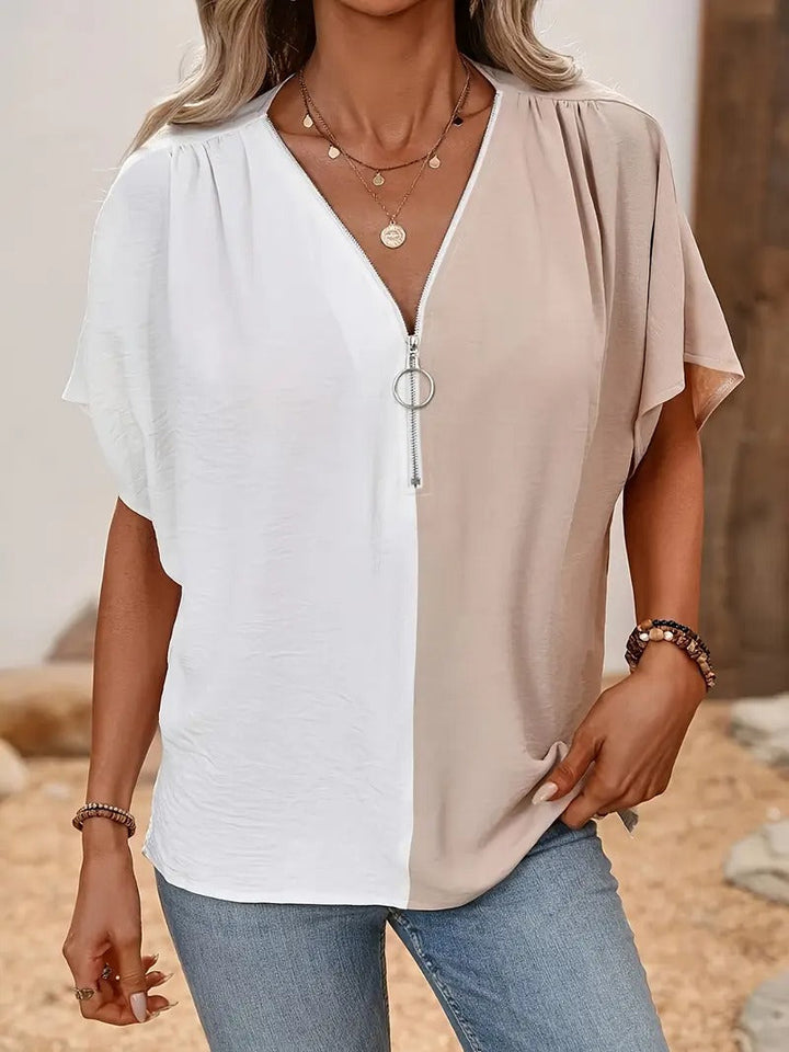 Ladies' Blouse | Colour Block & Half Zip | Wing Sleeves & Loose Fit | Spring-Summer Casual