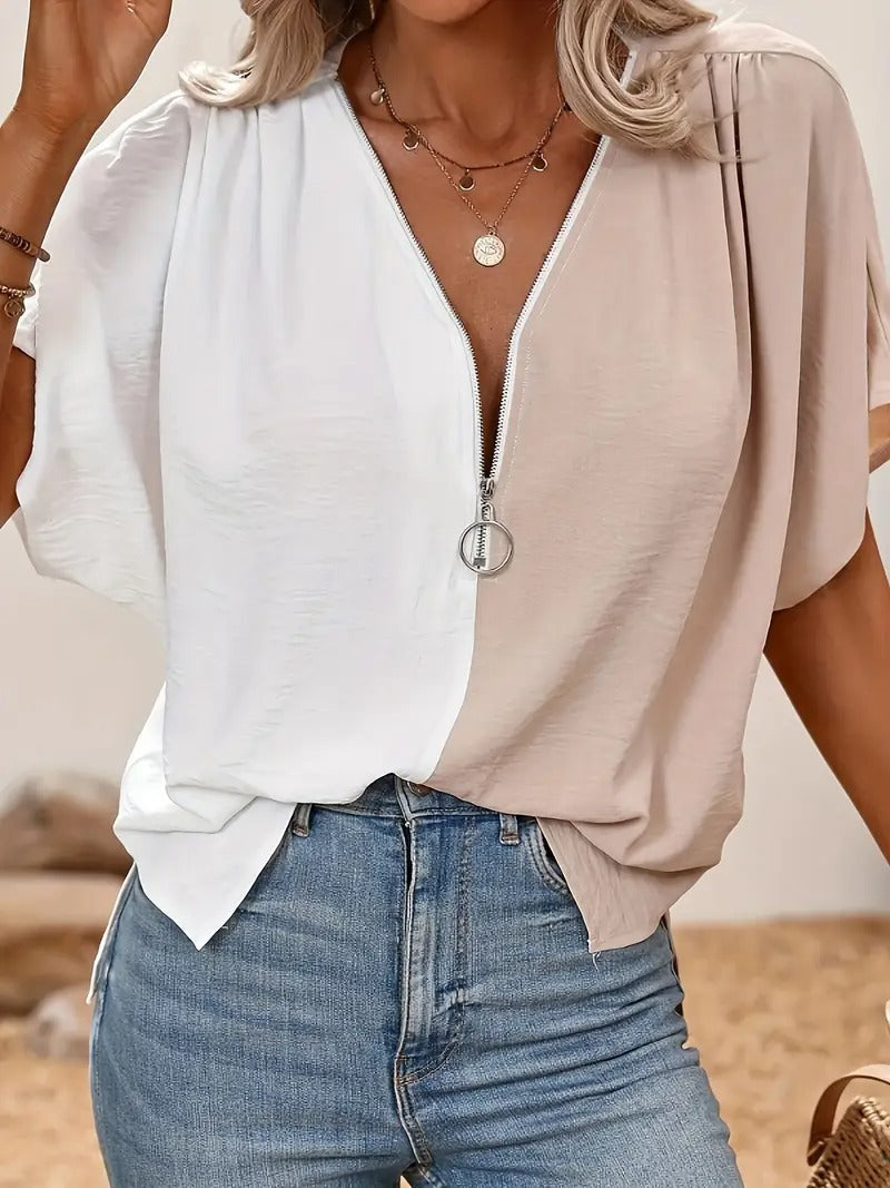 Ladies' Blouse | Colour Block & Half Zip | Wing Sleeves & Loose Fit | Spring-Summer Casual