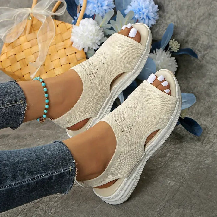 Ladies Sandals | Knitted Design with Cut-outs | Lightweight & Wedge Heel | Open Toe & Slip-on
