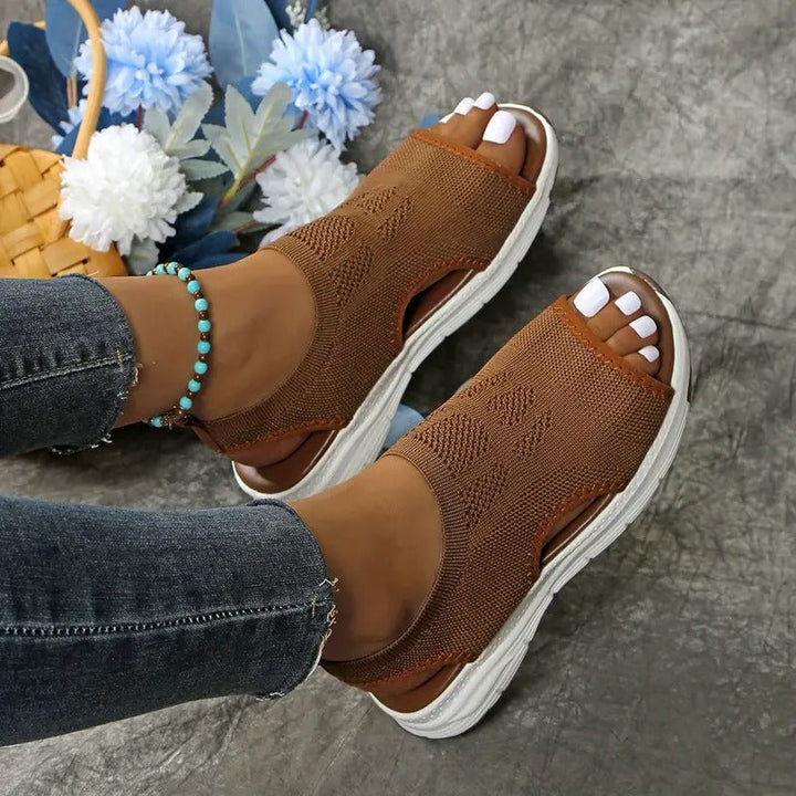 Ladies Sandals | Knitted Design with Cut-outs | Lightweight & Wedge Heel | Open Toe & Slip-on