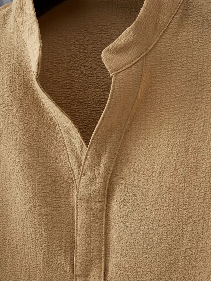 Men's Casual Set | V-Neck & Drawstring Trousers | Khaki with Classic Elegance | Polyester