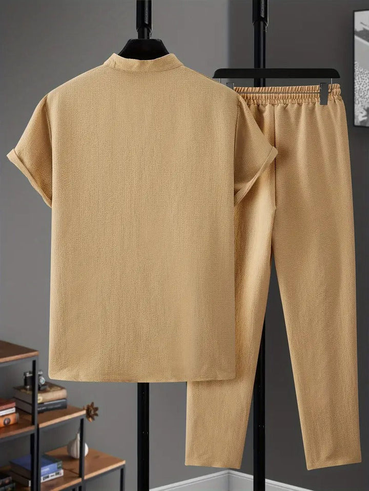 Men's Casual Set | V-Neck & Drawstring Trousers | Khaki with Classic Elegance | Polyester