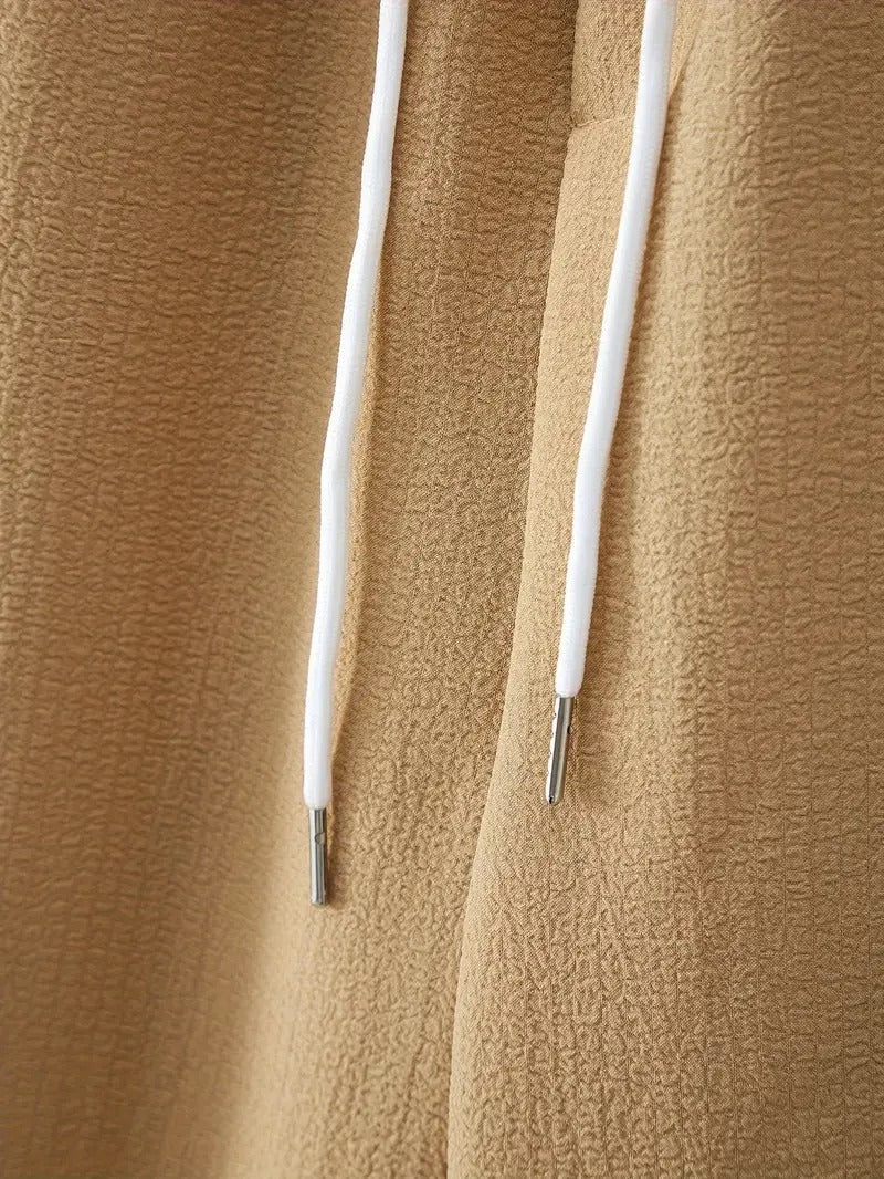 Men's Casual Set | V-Neck & Drawstring Trousers | Khaki with Classic Elegance | Polyester