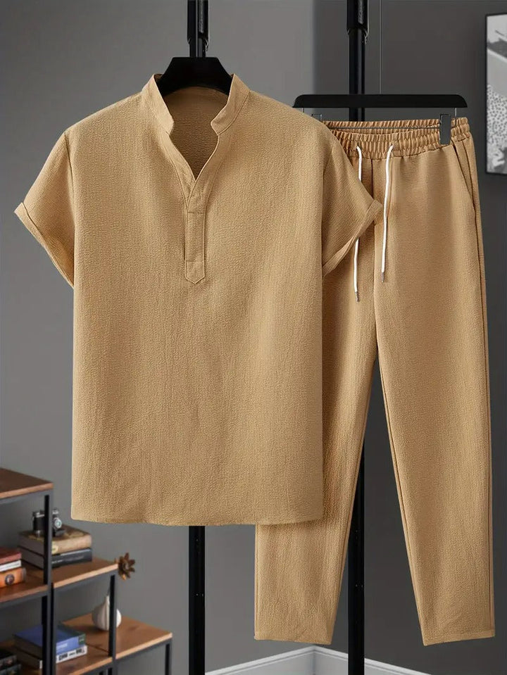Men's Casual Set | V-Neck & Drawstring Trousers | Khaki with Classic Elegance | Polyester