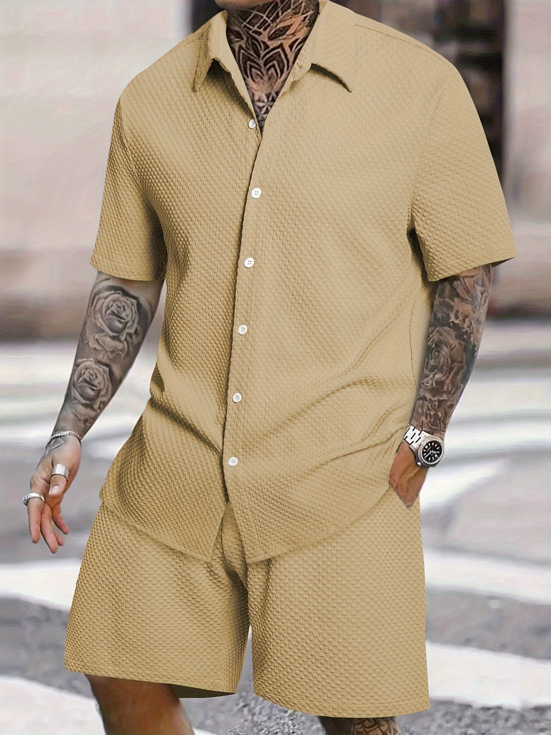Men's Summer Set | Revere Collar Shirt & Drawstring Shorts | Solid Colour | Casual